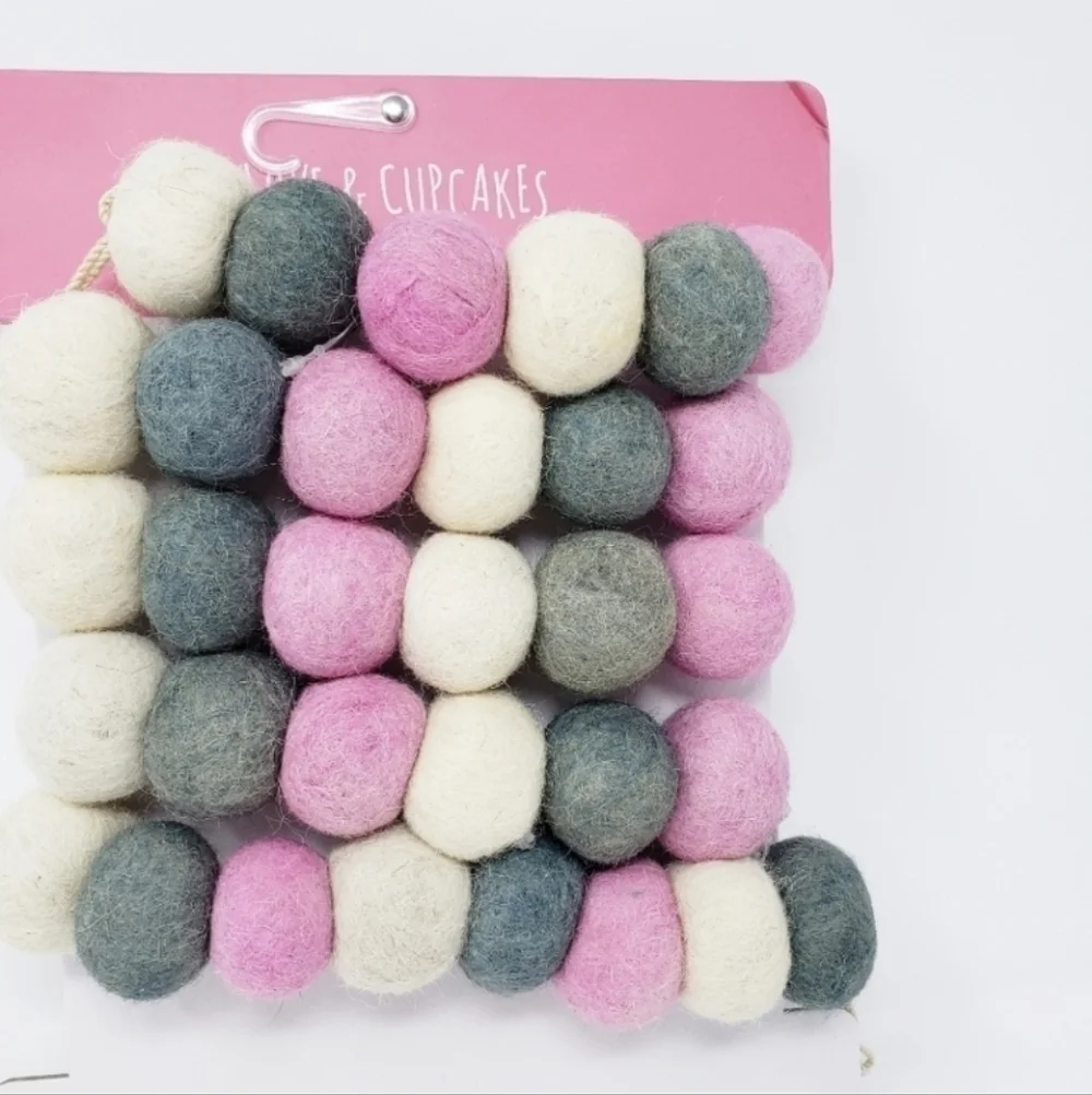 Love & Cupcakes Felted Wool Pom Pom Ball Garland Valentine's Day